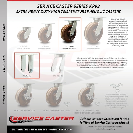 Service Caster 10 Inch Extra Heavy Duty High Temp Phenolic Wheel Rigid Top Plate Caster SCC SCC-KP92R1030-PHRHT